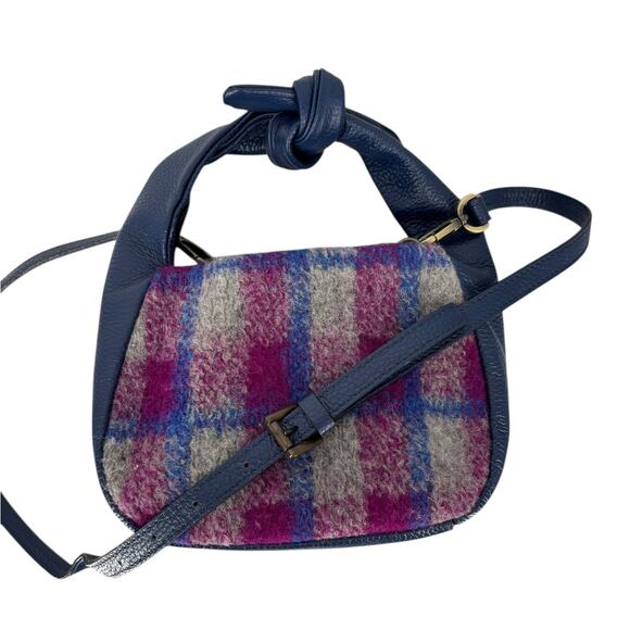 Sundance Soire Knotted Bag Blue Leather Wool Magenta Plaid Crossbody - Picture 2 of 16